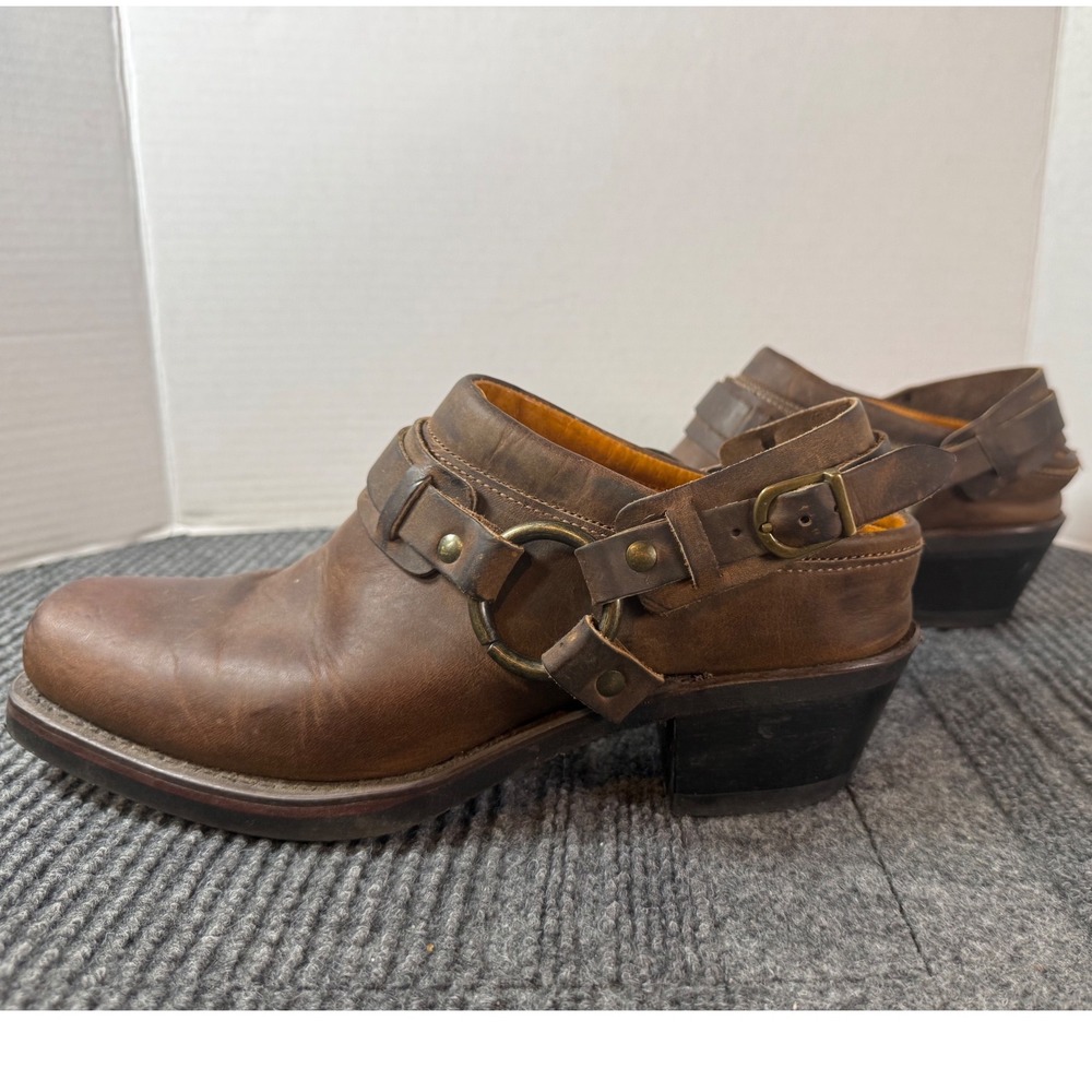Frye Brown Leather Harness Mules Square Toe Western Block Heel Shoes 9 M 70760